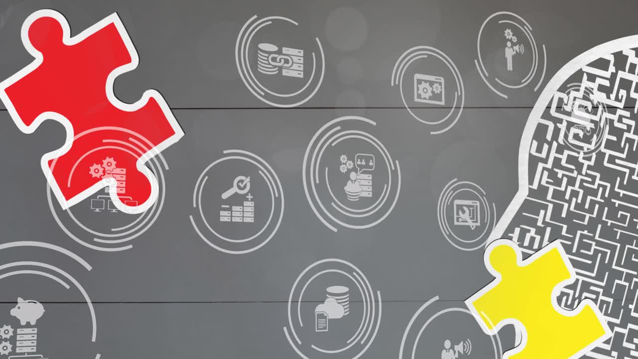 animación de rompecabezas que caen con iconos digitales en fondo gris