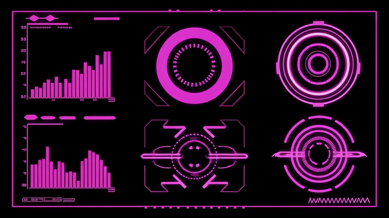 Futuristic HUD Interface with Pink Glowing Data Elements and Graphs