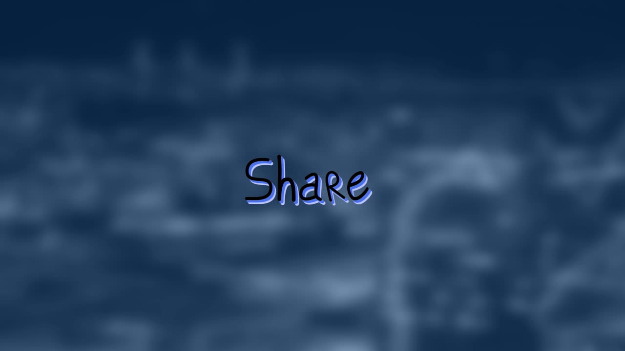 Animation of share text with arrows over out of focus cityscape
