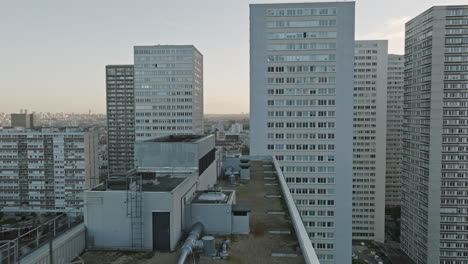 skyline at sunset: aerial perspective of the towering landmarks as day transitio