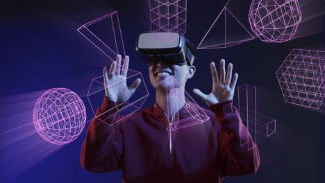 animation of glowing 3d shapes over asian man using vr headset