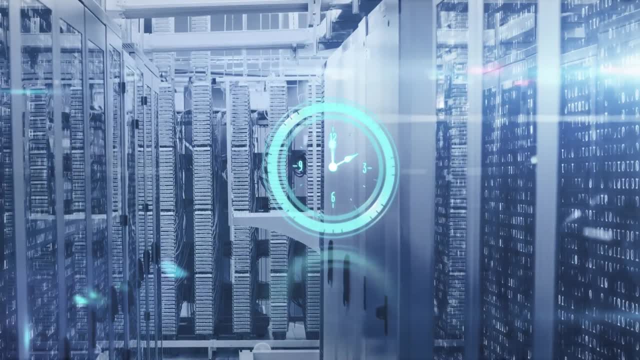 Animation of clock, binary code and lights over servers