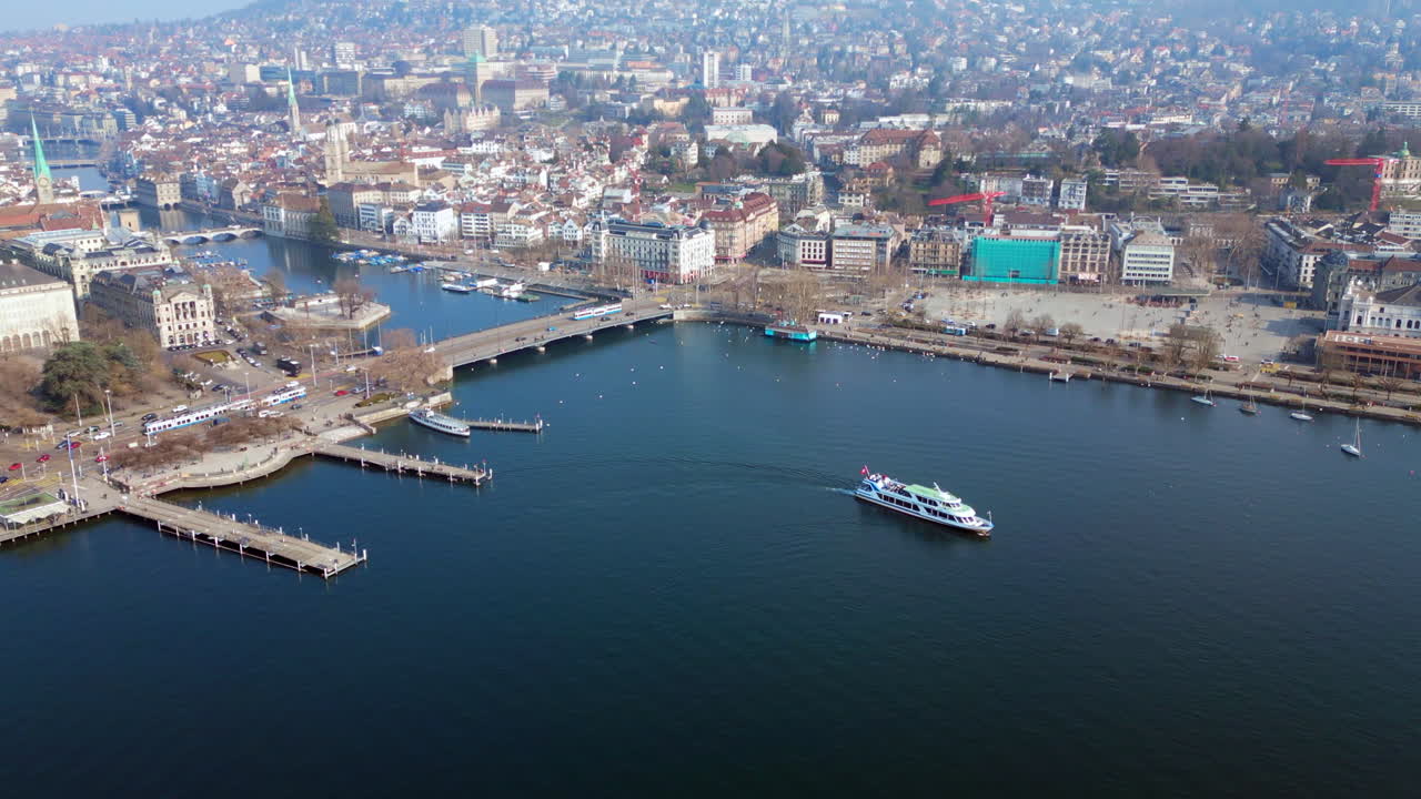 시내 다리와 페리 보트, 취리히, 스위스의 공중