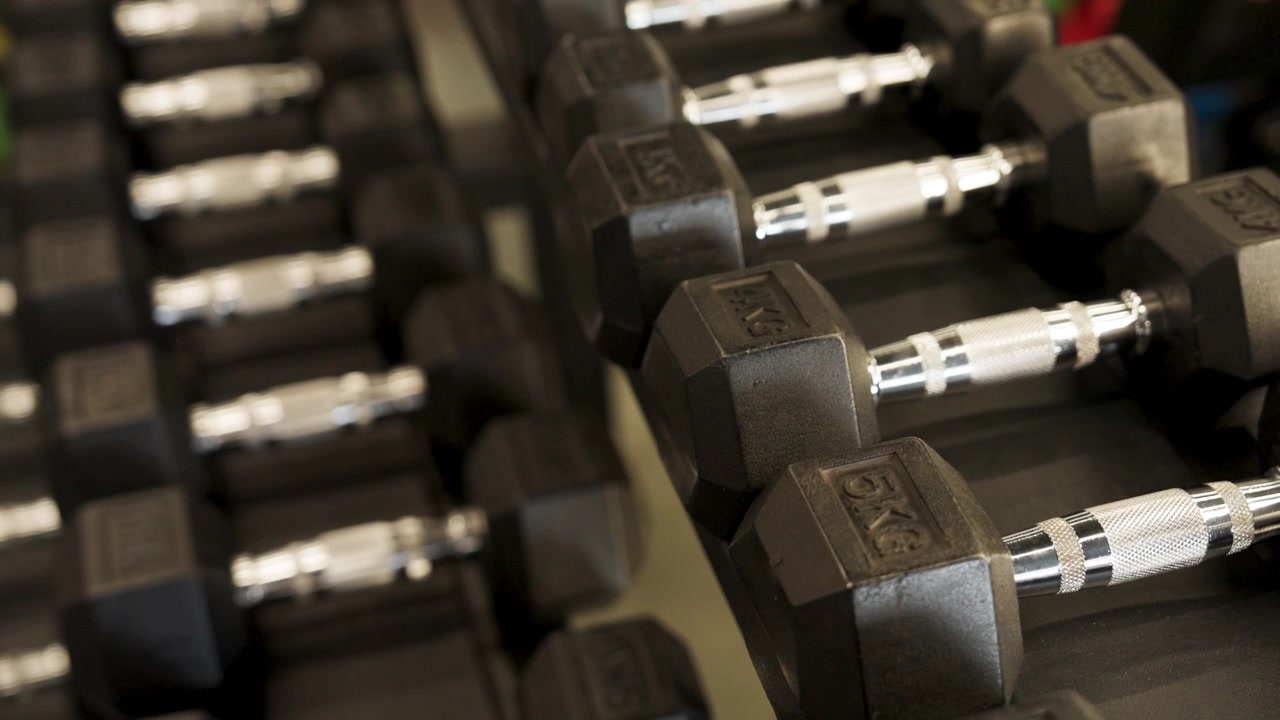 A set of dumbbells is neatly organized on a shelf in a gym. Each weight is labeled clearly for easy identification. This scene is common in fitness centers where people come to train.