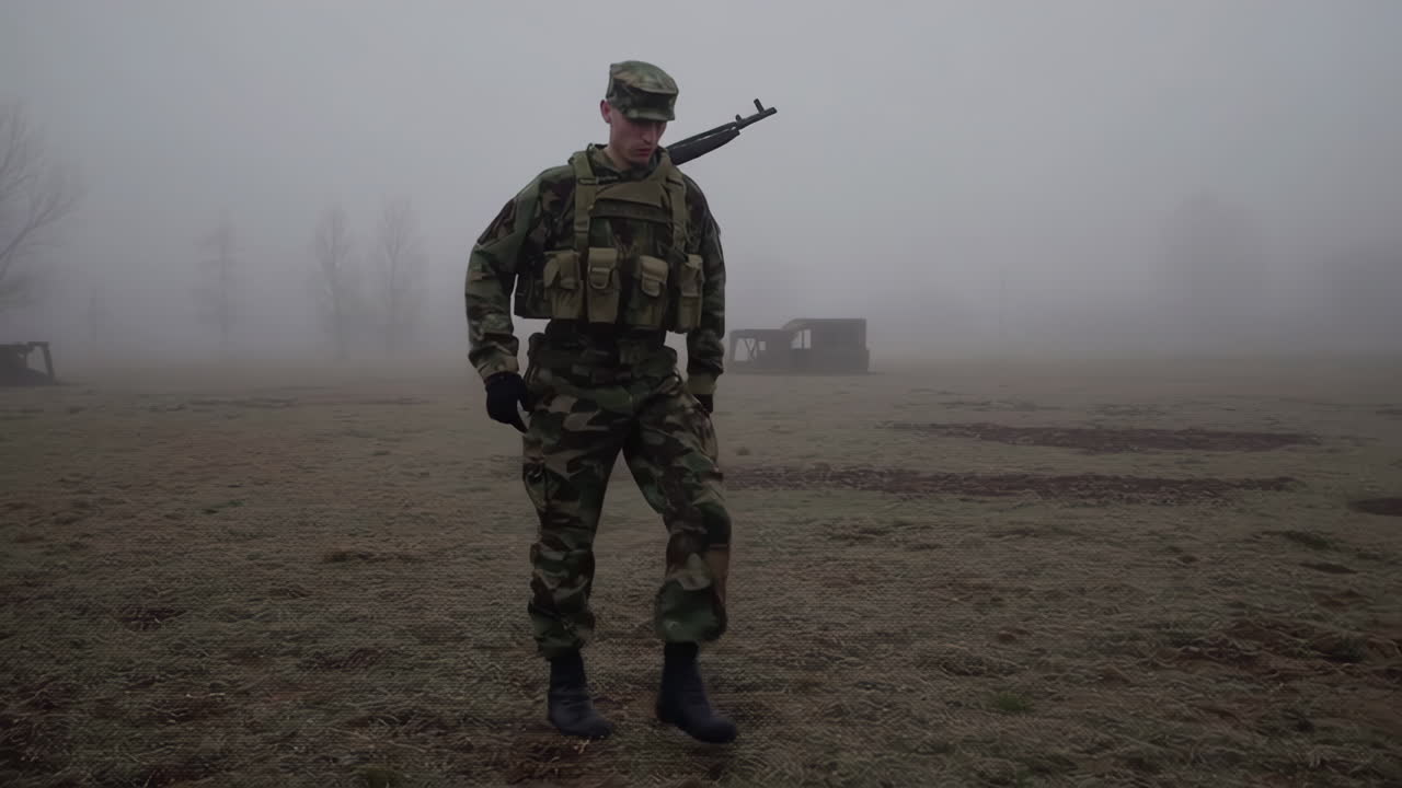 Soldier on patrol in foggy terrain