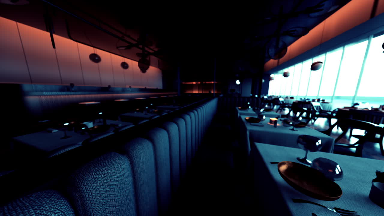 도시 전망 을 가진 세련 된 현대적 인 레스토랑 인테리어