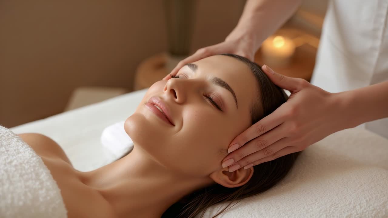 Hands starting massaging woman's head with eyes closed in spa, with towel candlelight for rest
