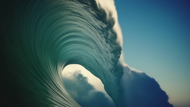 Dramatic video still of a massive ocean wave captured from a low angle, showcasing the power