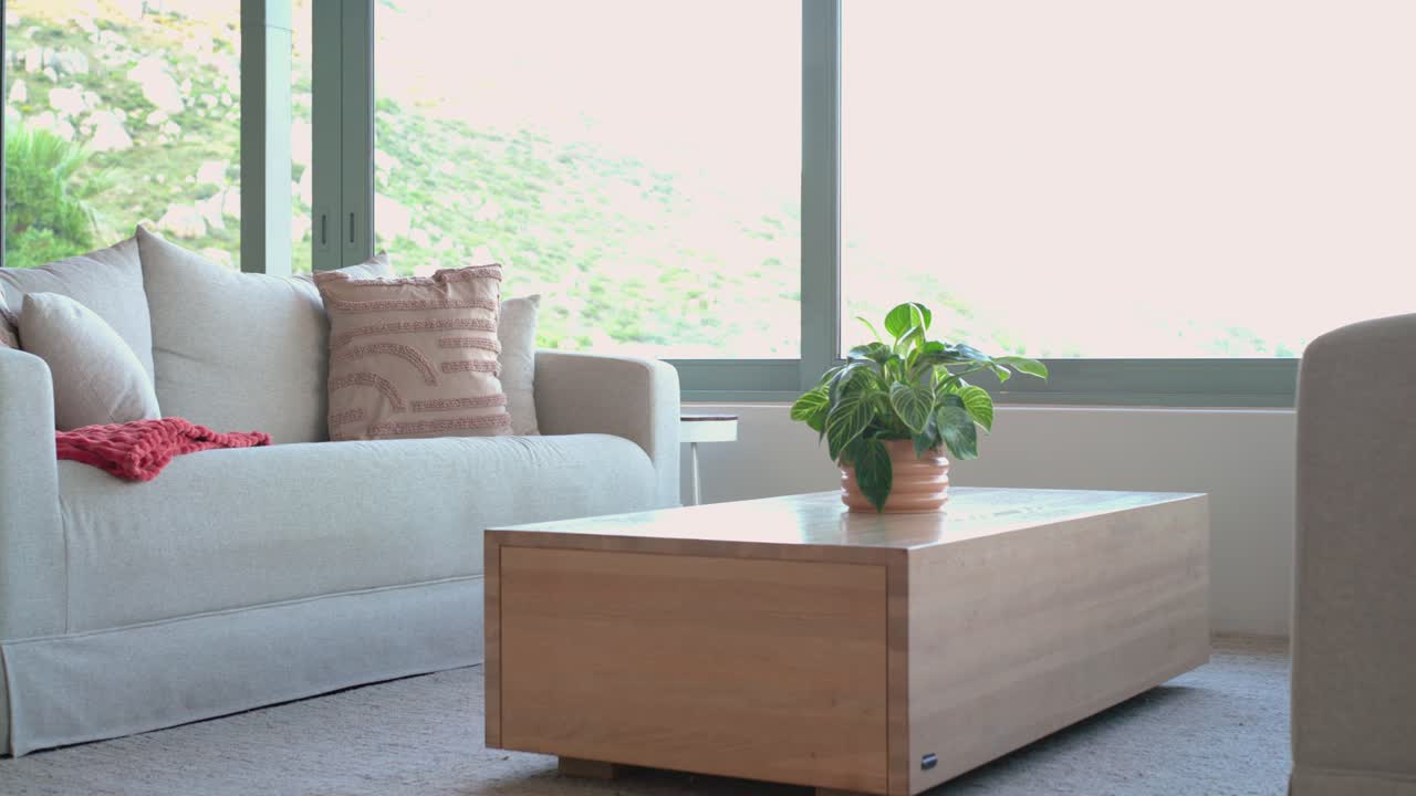 Camera beginning with sofa and panning toward coffee table and plant for focused living room shot