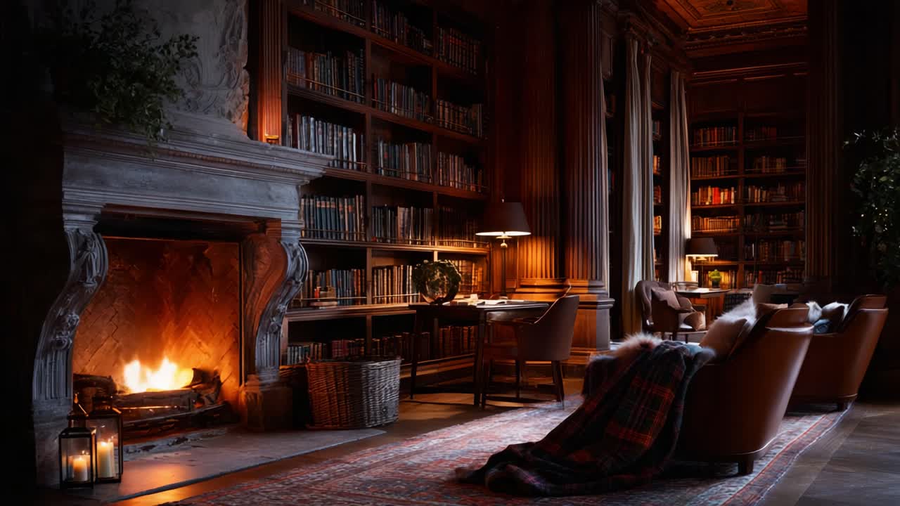 A Cozy Library Scene with Soft Lighting and a Warm Fireplace, Inviting You to Enjoy a Serene Reading Experience Surrounded by Books in a Luxurious Setting