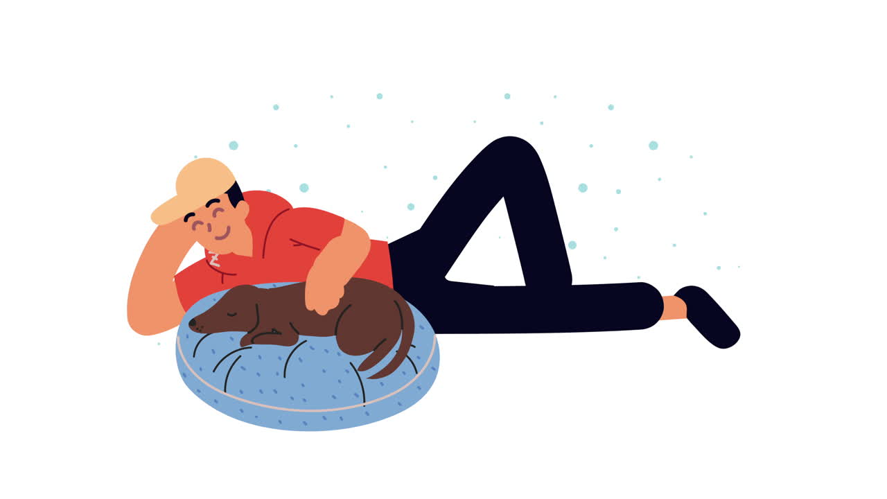 uomo sdraiato con il cane che dorme animazione