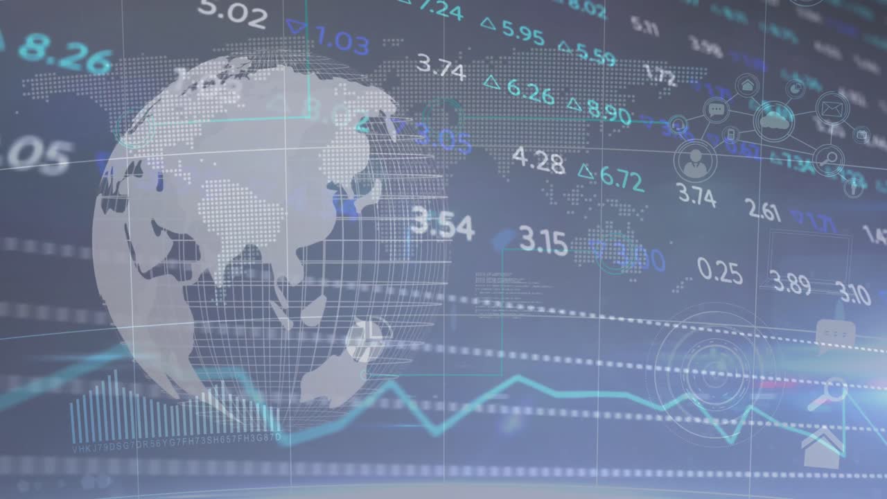Animation of data processing and globe on black background