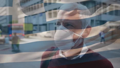 Animation-Der-Flagge-Griechenlands,-Die-Während-Der-Covid-19-Pandemie-über-Einem-Mann-Mit-Gesichtsmaske-Weht