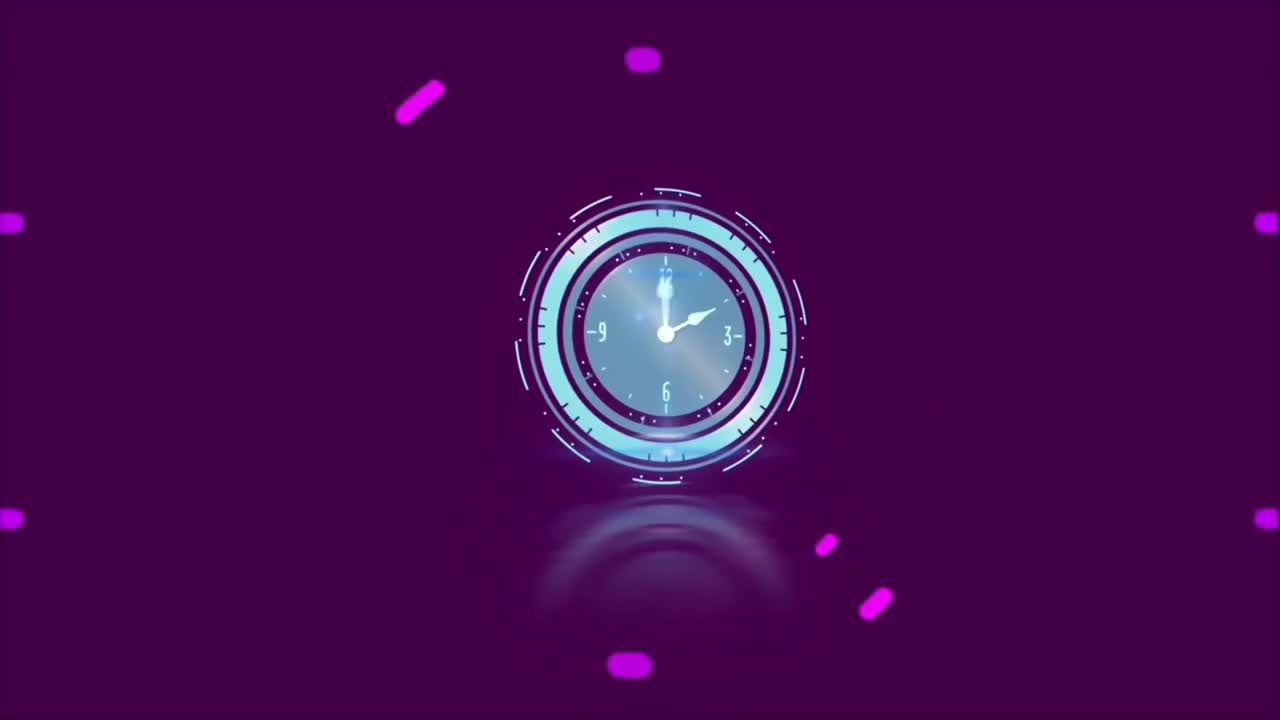 анимация движущихся часов и фиолетовых кругов и фигур, движущихся по офису на заднем плане