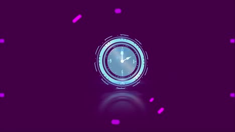 animación de reloj en movimiento y círculos y formas púrpuras que se mueven sobre la oficina en el fondo