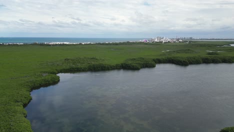 Flyover-Nichupte-mangrove-Lagoon-on-Caribbean-coast-of-Cancun,-Mexico