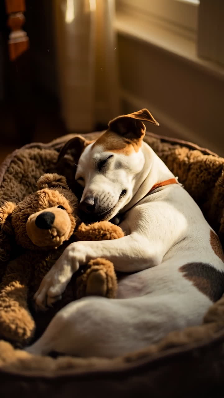 Dog Cuddling with a Teddy Bear in a Cozy Bed