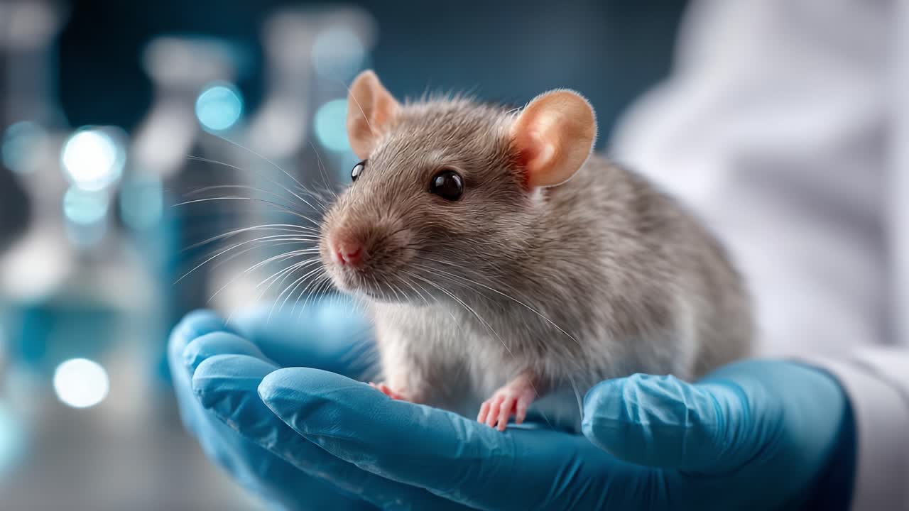 Close-Up View of a Gray Laboratory Mouse Being Cared For in a Scientist's Gloved Hand, Highlighting Animal Welfare in Research Settings