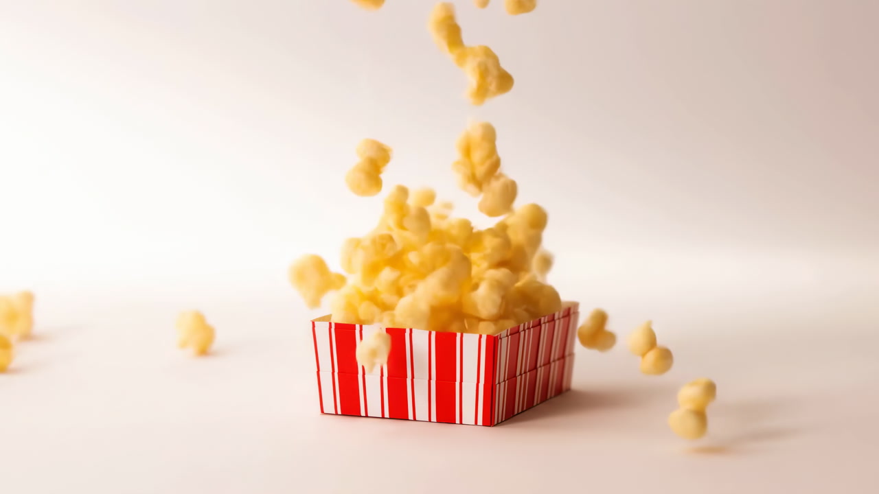 Popcorn Falling Into Striped Box On Studio Surface, Buttery Kernels Tumbling And Bouncing Into Red And White