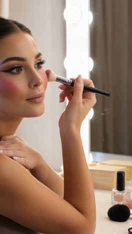 woman applying makeup with a brush in a dressing room