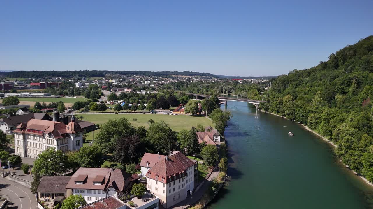 Aare river Aarau medieval town Switzerland aerial drone Swiss countryside summer