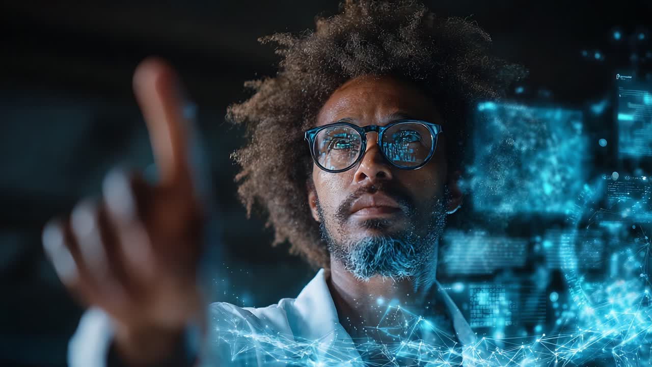 A visionary scientist harnesses technology, pointing towards digital data streams that symbolize innovation and breakthroughs in research and artificial intelligence