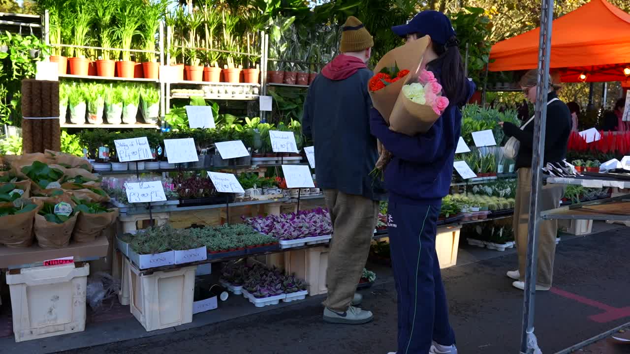 Woman Buying Plants at a Busy Outdoor Market