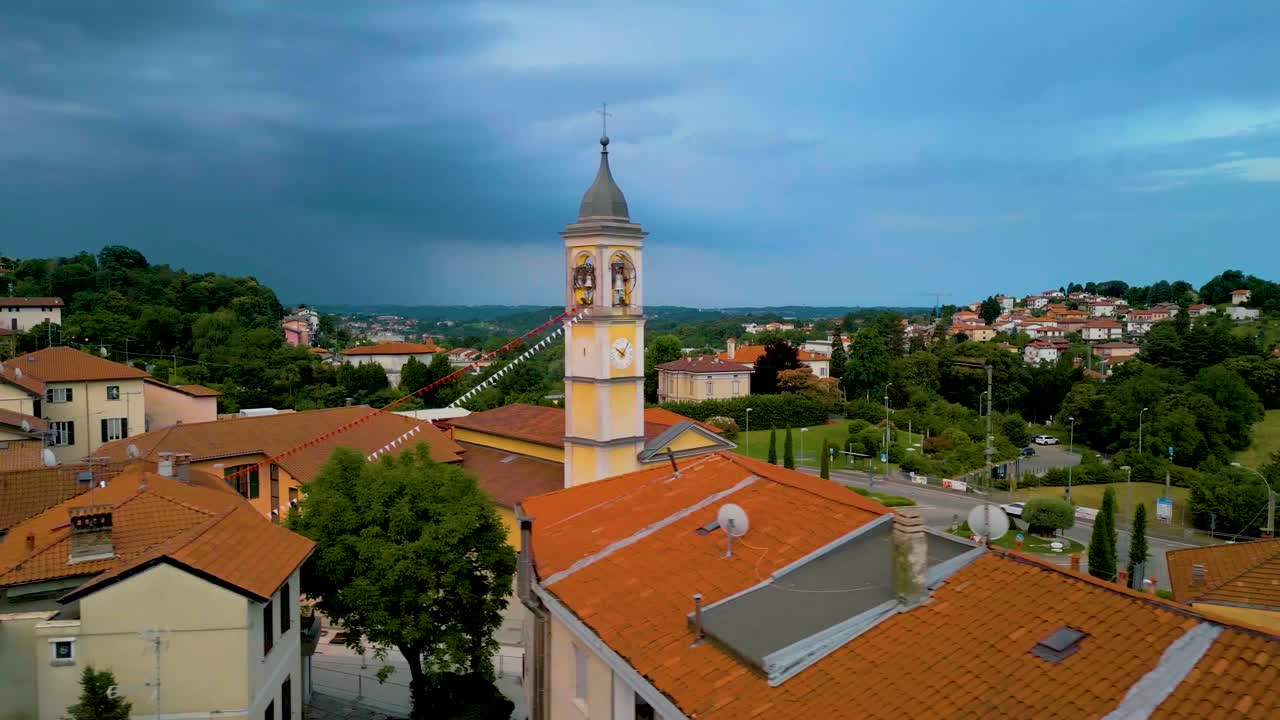 4K Aerial Drone Video of Church Belltower in Cavallasca, Italy on a Summer Evening