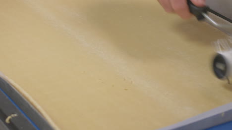 closeup of a roller docker being used on a sheet of pastry on a conveyor in a factory setting