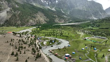 drone shot of basho valley in skardu view of mountains and trees in the valley