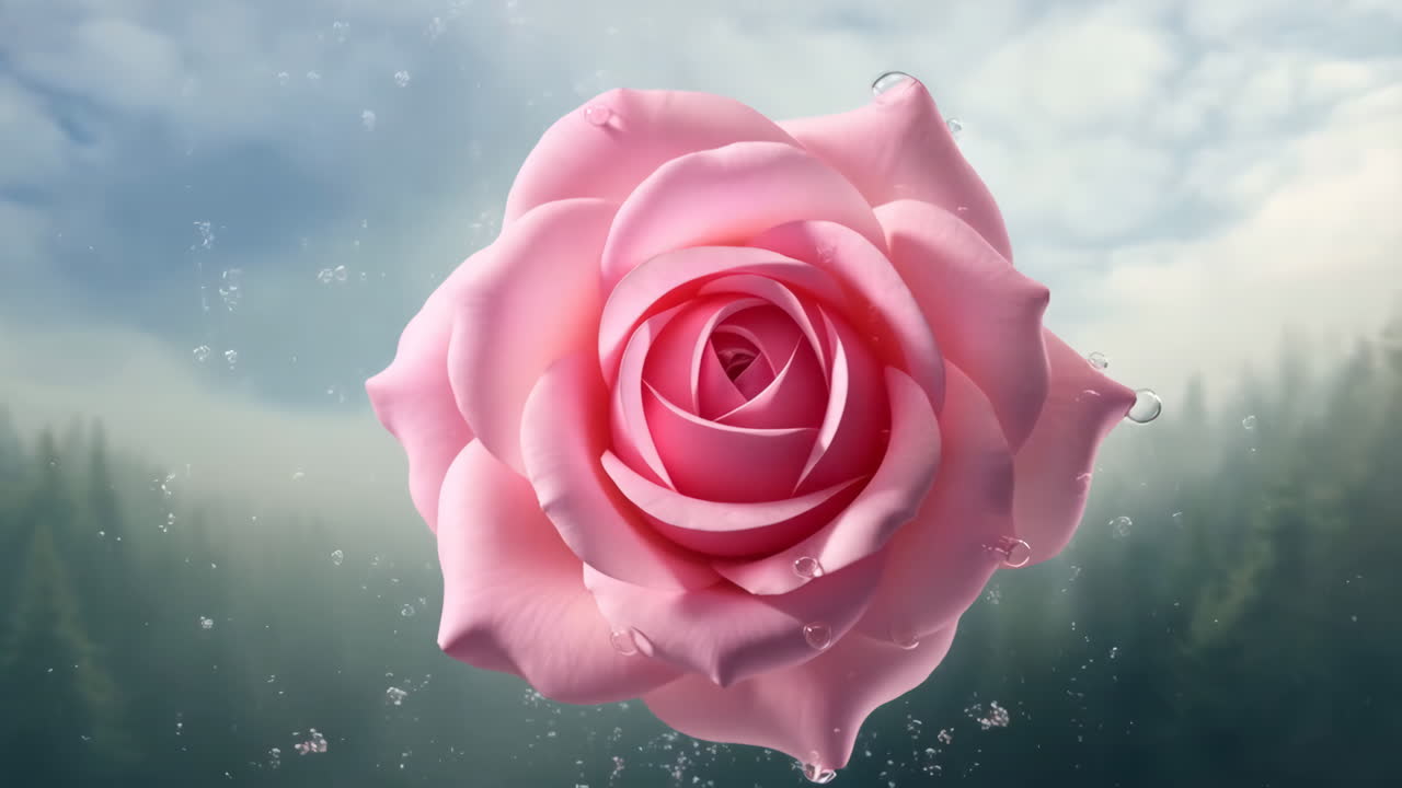 Beautiful Pink Rose with Water Drops in a Dreamy Forest Setting
