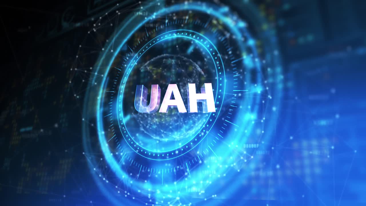 Animation of processing circle with rotating uah over blue and black digital space