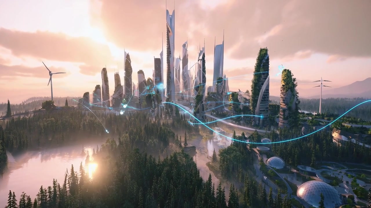 Aerial View of Futuristic Eco-City with Smart Technology and Data Flow