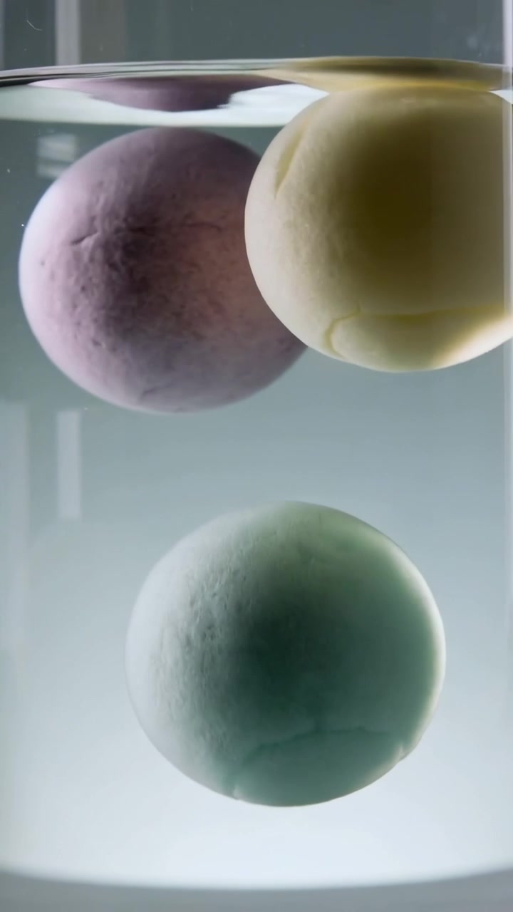 Vertical video: Bobbing 3 spheres shifting at water surface in glass jar after setup, from buoyancy