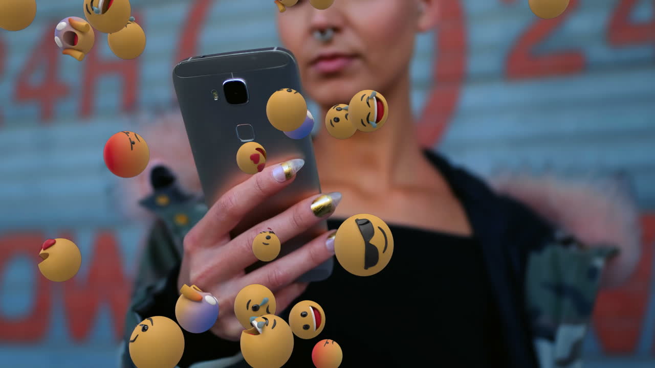 iconos de emoji con una mujer tomando una selfie en el fondo 4k