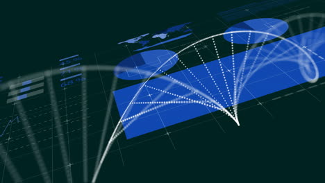 dna strand and data visualization animation over world map and charts