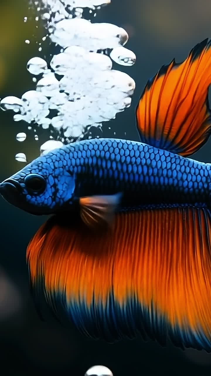 Colorful betta fish swimming gracefully. A vibrant betta fish with blue and orange fins navigates through bubbles in a serene aquarium environment.