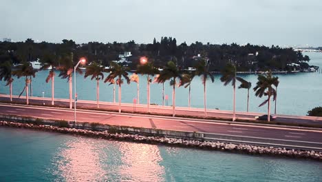 miami skyline and macarthur causeway at dawn as seen from arriving cruise ship.