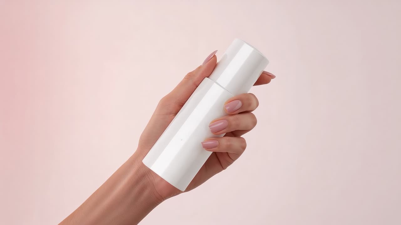 Entering slender hand with polished nails holding white bottle rotating against pink backdrop