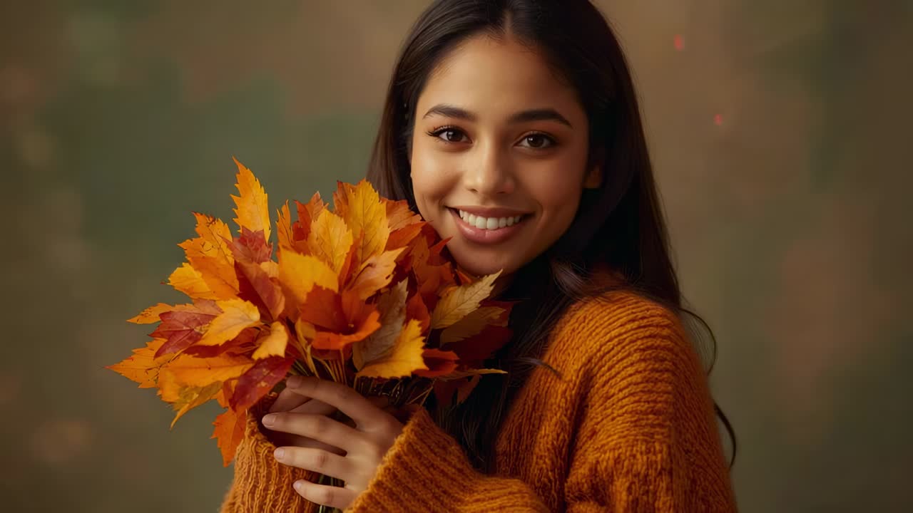 Drifting leaves down around adult woman holding bouquet in studio swirling autumn cascade