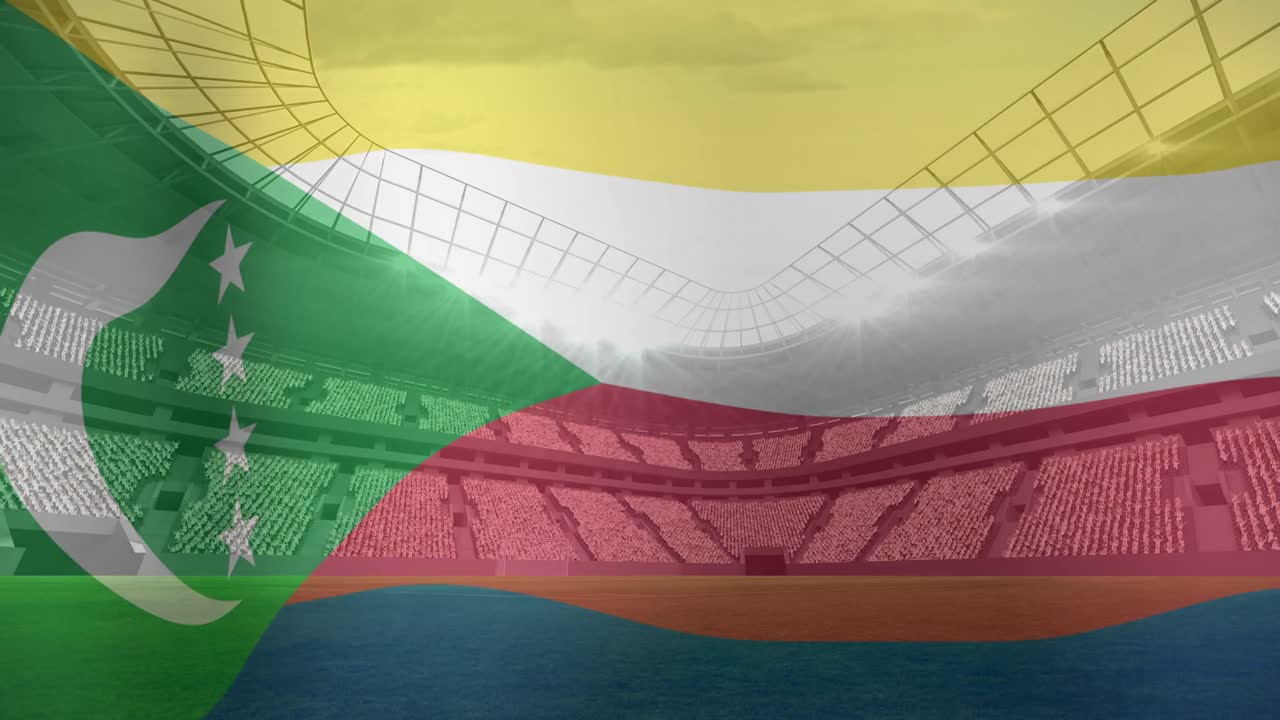 Animation of flag of comoros over sports stadium