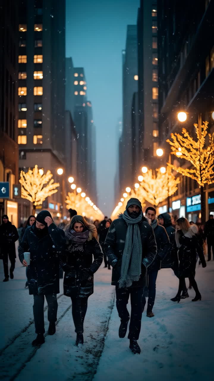 People walking through a snowy city street at night with festive lights