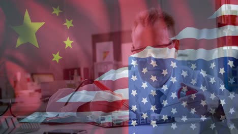 Animation-of-caucasian-male-scientist-over-flag-of-china-and-united-states-of-america