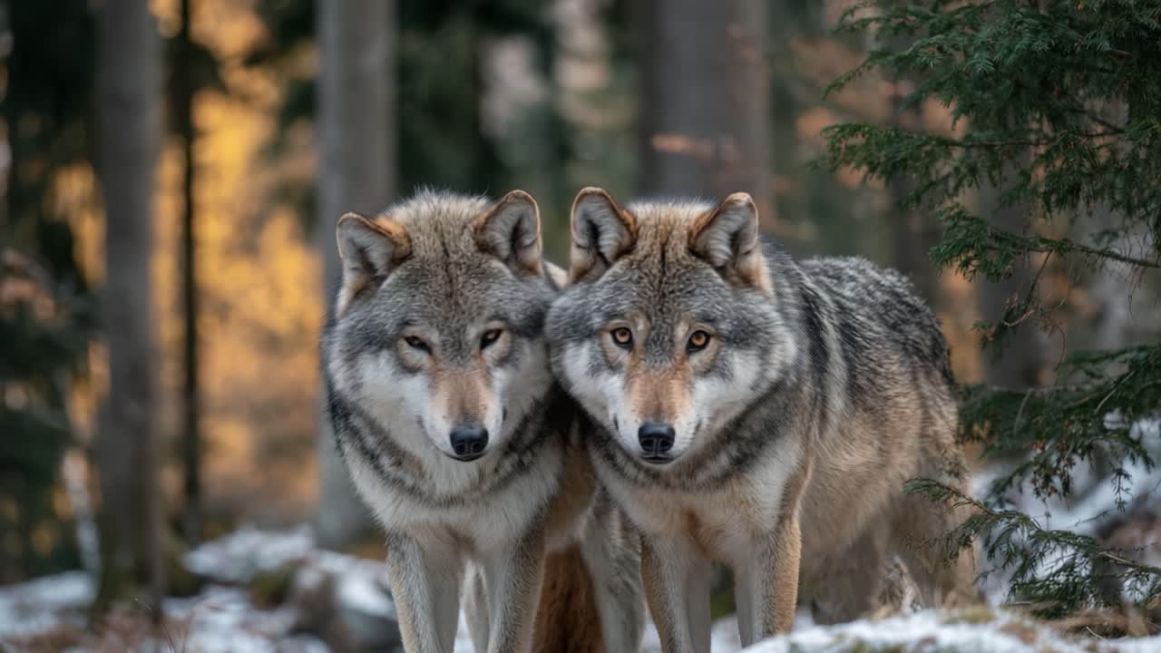 A Pair of Wolves in a Forest Setting, Capturing the Intense Bond Between These Majestic Creatures as They Navigate Their Winter Habitat Amidst Natural Beauty
