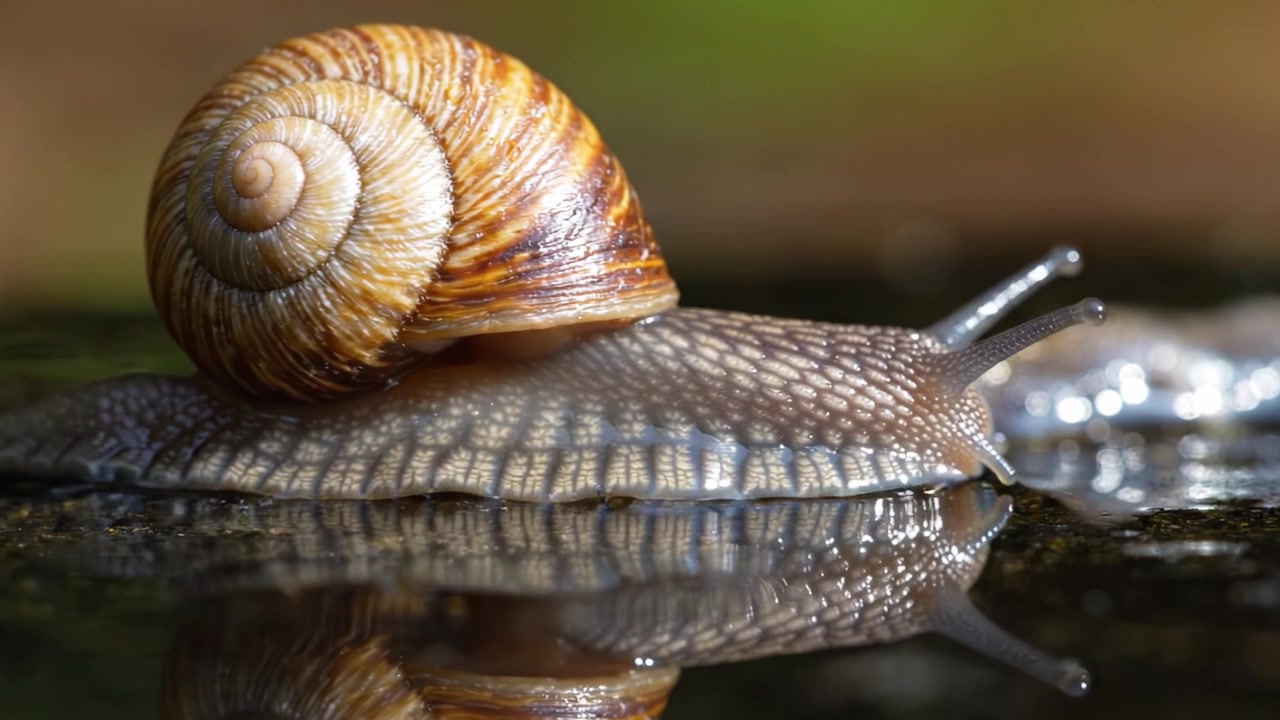 A Close-Up Perspective on the Fascinating Life of a Snail: Exploring the Intricate Patterns and Textures of Its Shell and Body Reflected in Water
