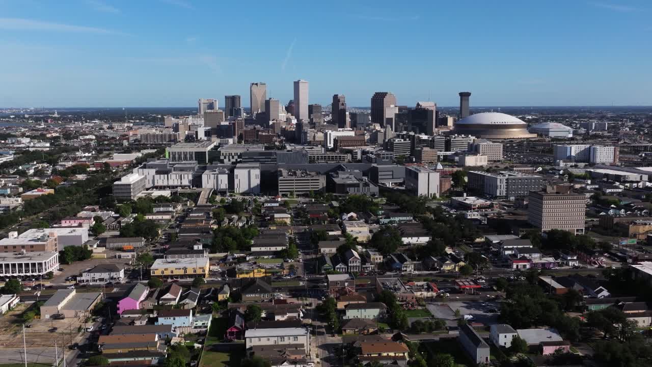 Forward Dolly Shot Above New Orleans Skyline on a Beautiful Day