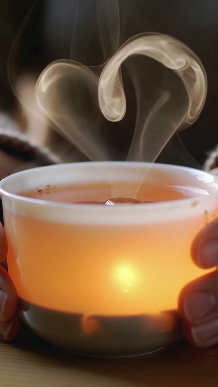 Vertical video: Hands in knit sleeves cradling warm cup at tabletop, heat making steam for comfort
