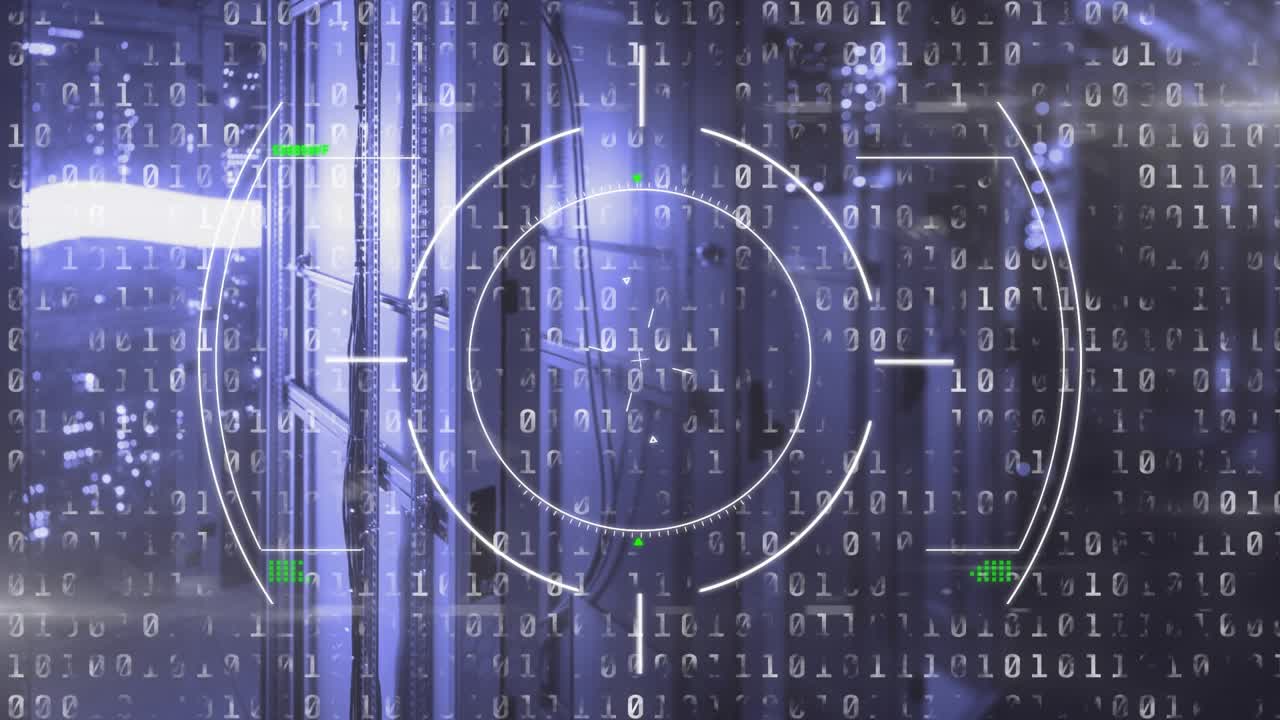 Binary digits scrolling starting translucent HUD animating racks, magenta ribbon showing data flow