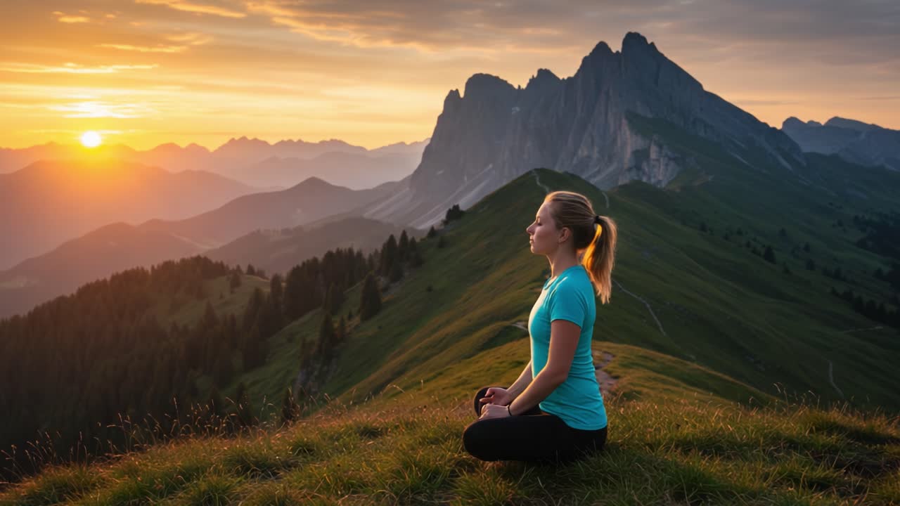 A Serene Moment of Meditation Against a Majestic Mountain Backdrop as the Sun Sets, Highlighting a Journey of Inner Peace and Reflection in Nature's Embrace