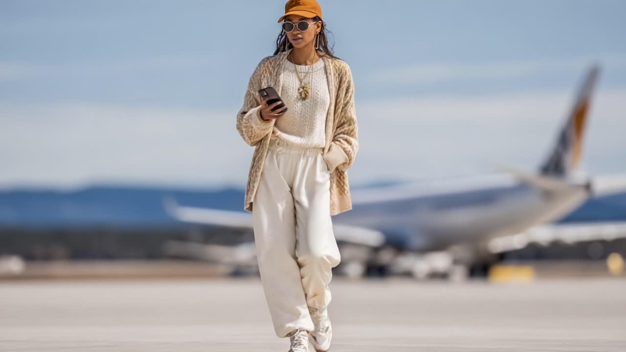 A Fashionable Traveler Strolling Confidently at the Airport, Showcasing a Blend of Comfort and Style with Trendy Outfit and Accessories Under a Clear Sky